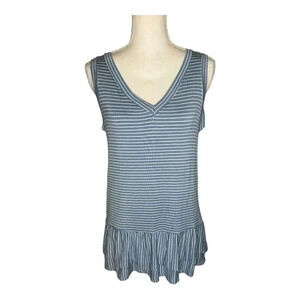 Vision USA Women’s Medium Blue‎ & White Striped V-Neck Tiered Sleeveless Top